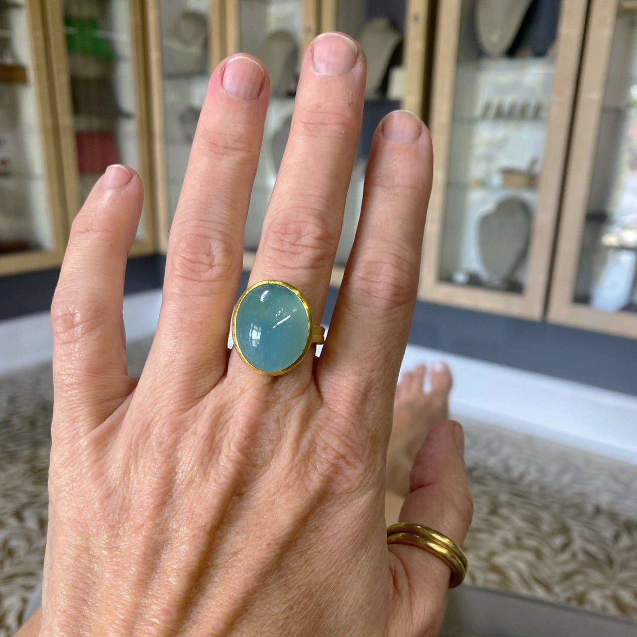 Large aquamarine cabochon ring