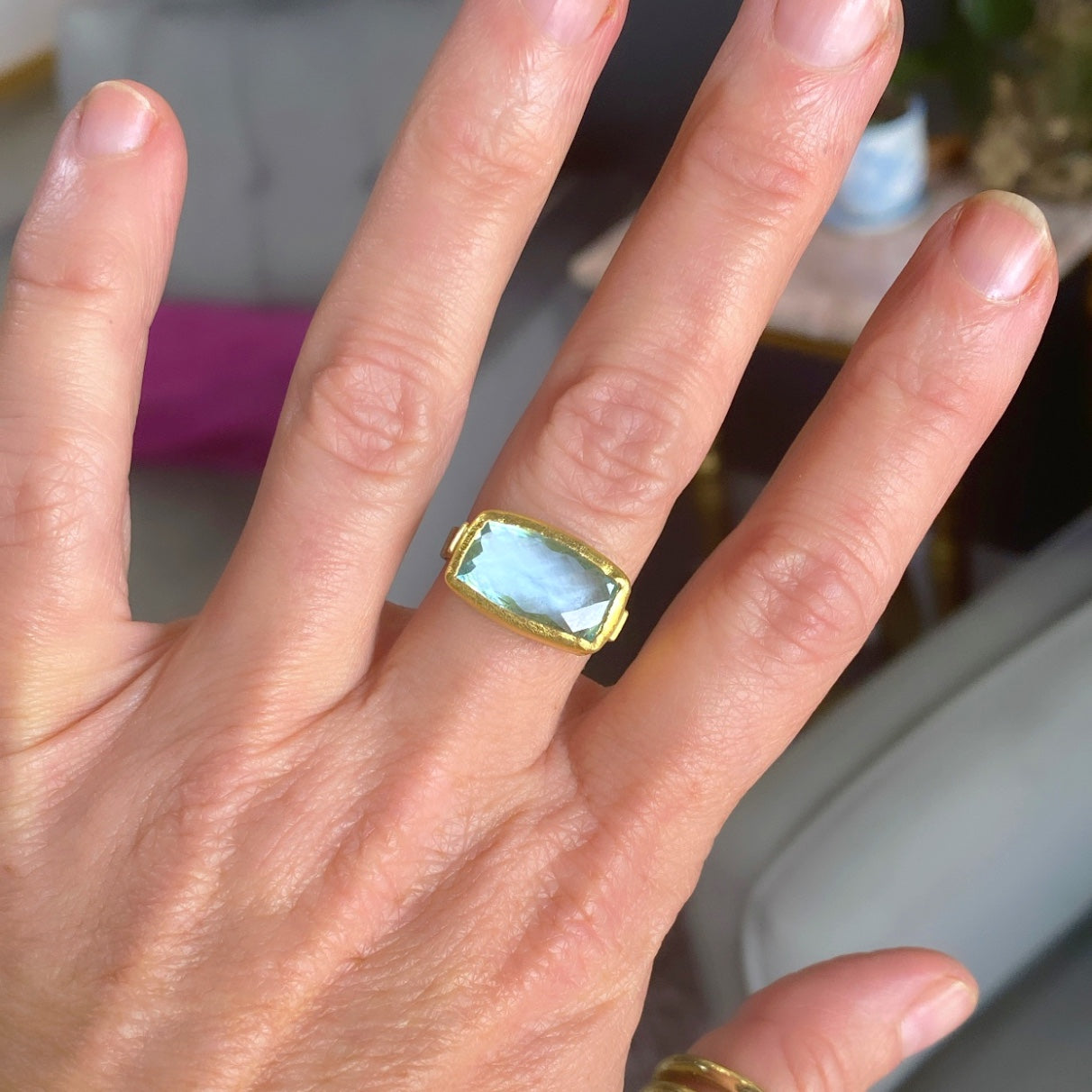 Rectangle aquamarine ring