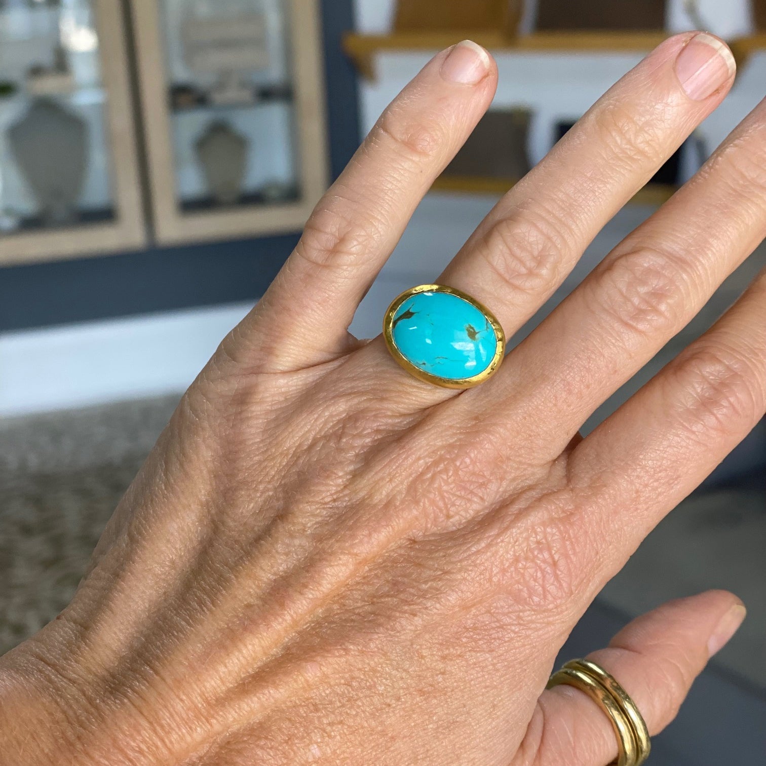 Cabochon Turquoise and Diamond 18 Karat Gold Ring, Size 7 | Chairish